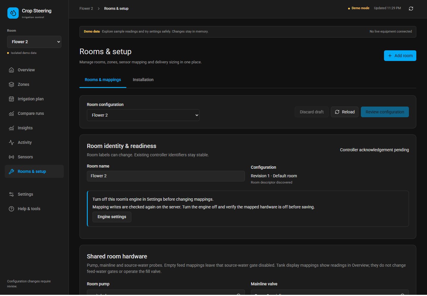 Room and zone setup with sensor mapping